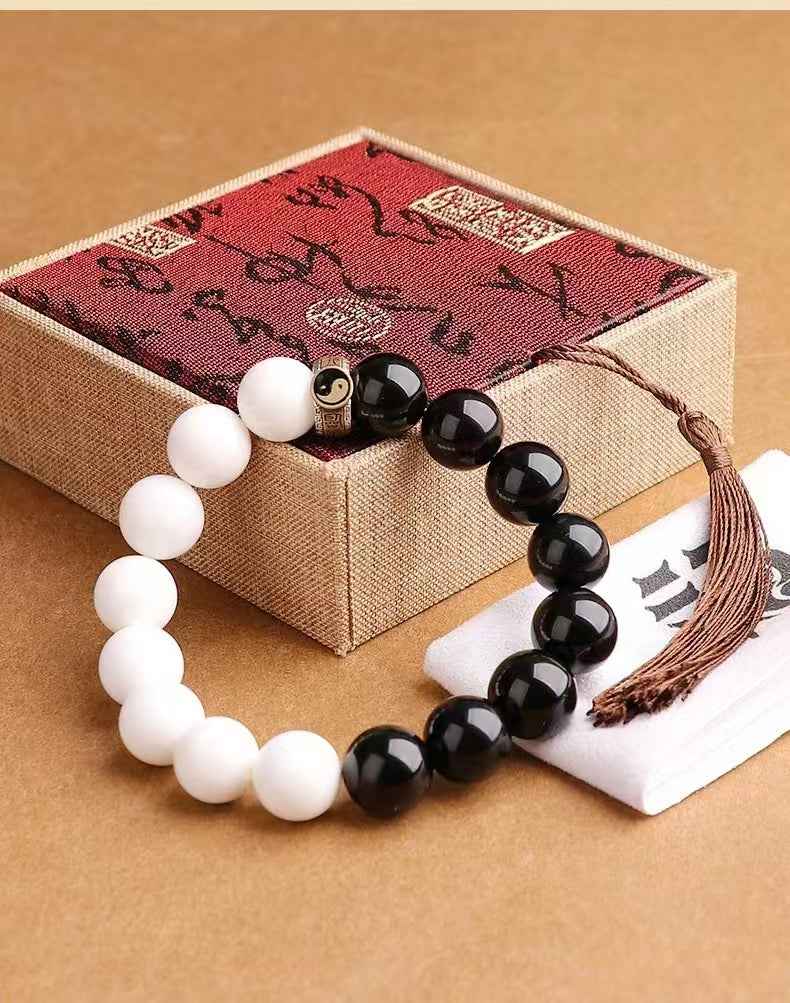Nine Syllable Mantra Tai Chi Bracelet S925 Sterling Silver | Obsidian & White Jade Beads